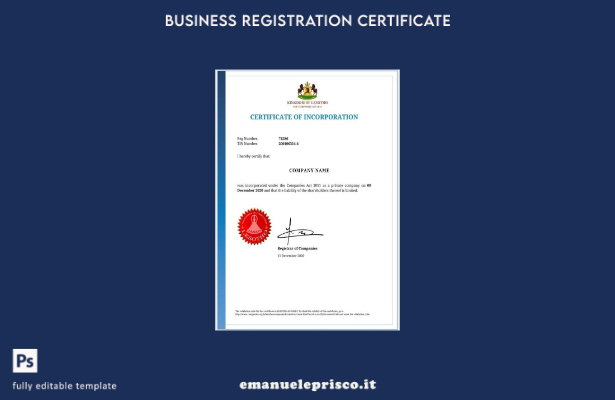 modello di certificato di incorporazione in stile verificato del Lesotho